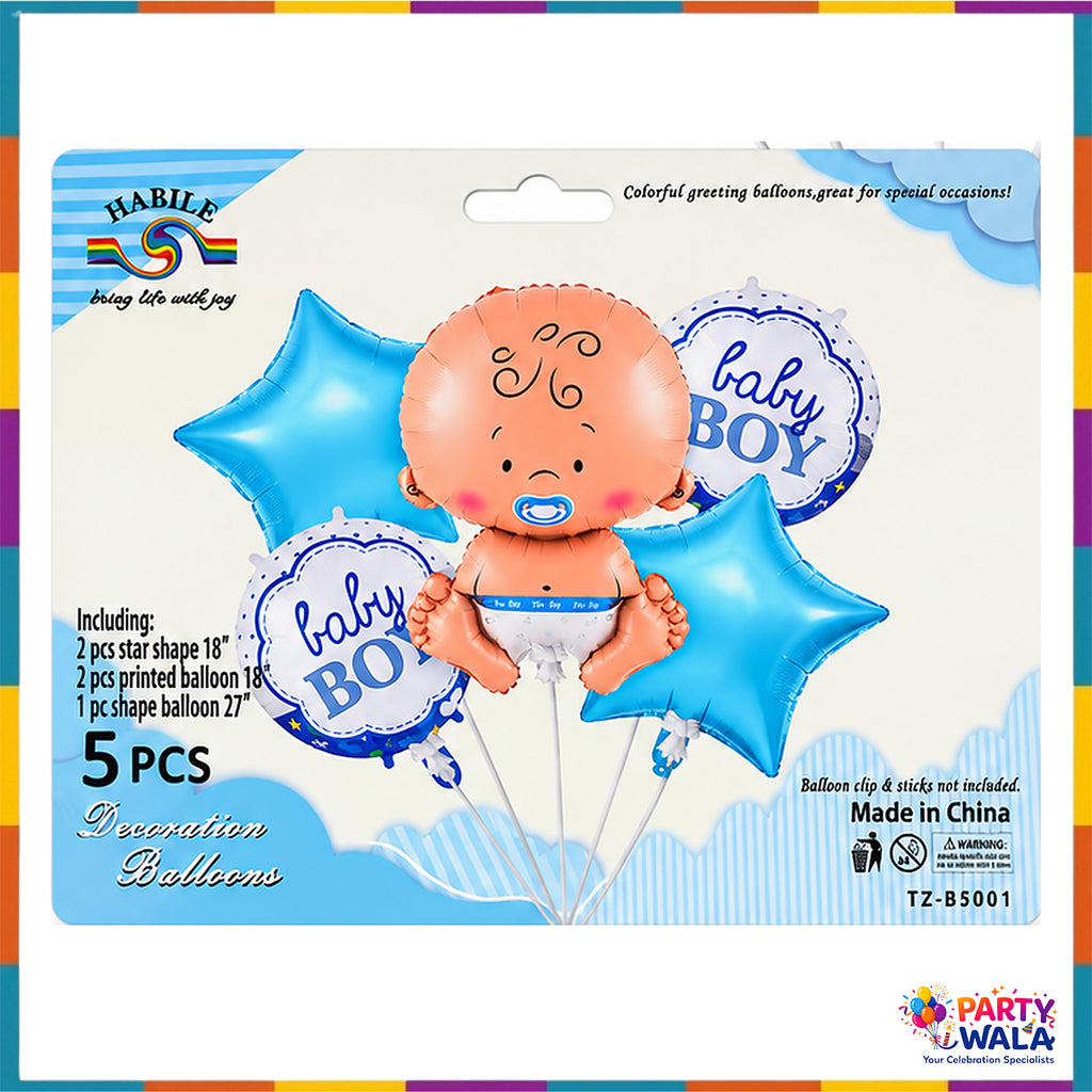 TZ-B5001 5 piece Baby Boy foil balloon set retail pack with listed contents