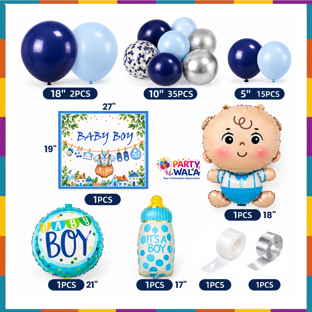 58-piece baby boy balloon kit includes 52 assorted latex balloons, 3 themed foil balloons, 19 x 27 inch printed backdrop and 2 rolls