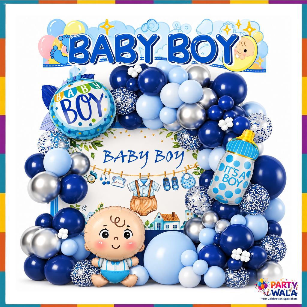 Baby boy navy blue silver balloon garland decoration with blue baby boy printed backdrop and foil balloons