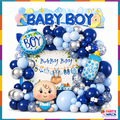 Baby boy navy blue silver balloon garland decoration with blue baby boy printed backdrop and foil balloons