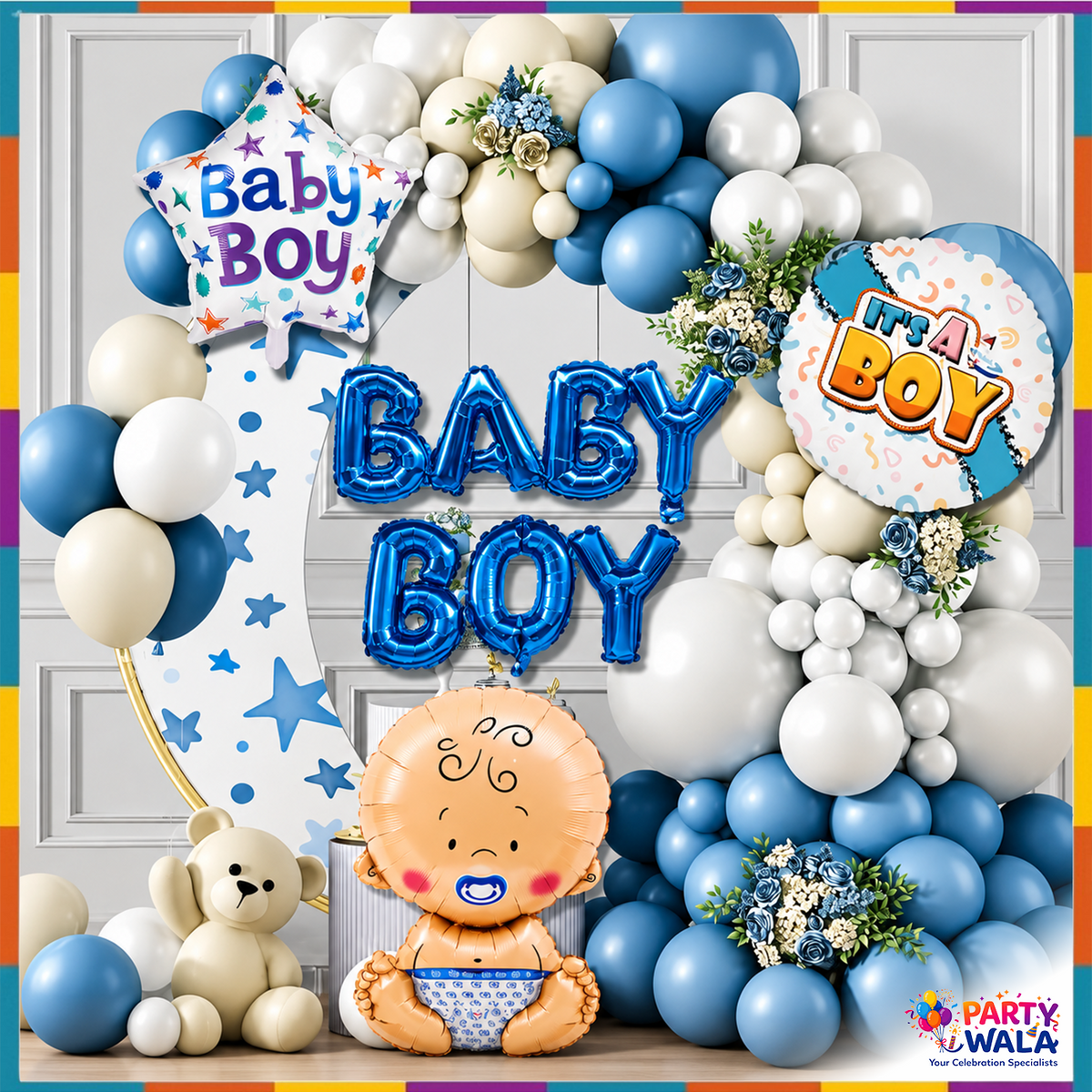 58 pieces Baby Boy balloon decoration kit navy blue white and cream star theme with BABY BOY foil letters and balloon garland
