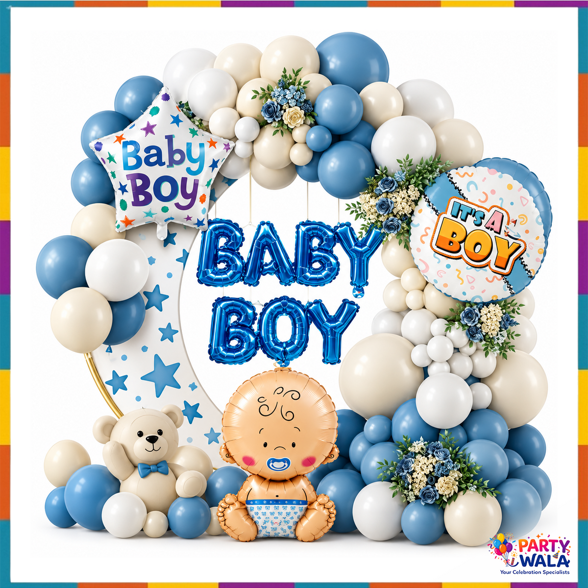 Blue and cream baby shower decoration with Baby Boy star foil, baby character foil and BABY BOY letters party setup