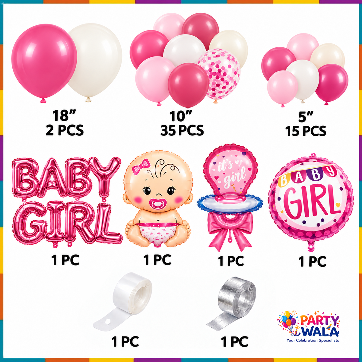 Baby Girl Balloon Decoration Kit YW-07903 package contents - latex balloons, BABY GIRL foil letters and baby foil balloons