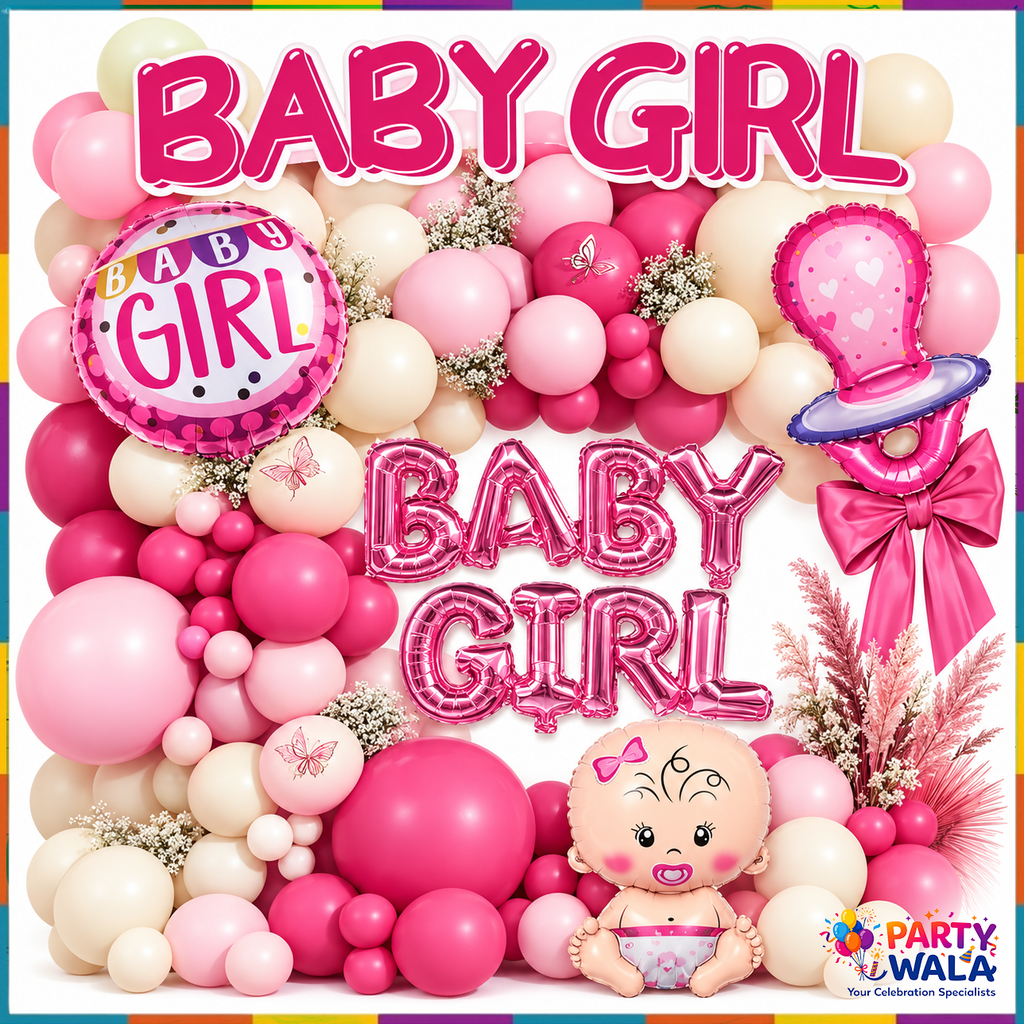 Baby Girl Balloon Decoration Kit YW-07903 pink baby shower balloon arch setup - Party Wala