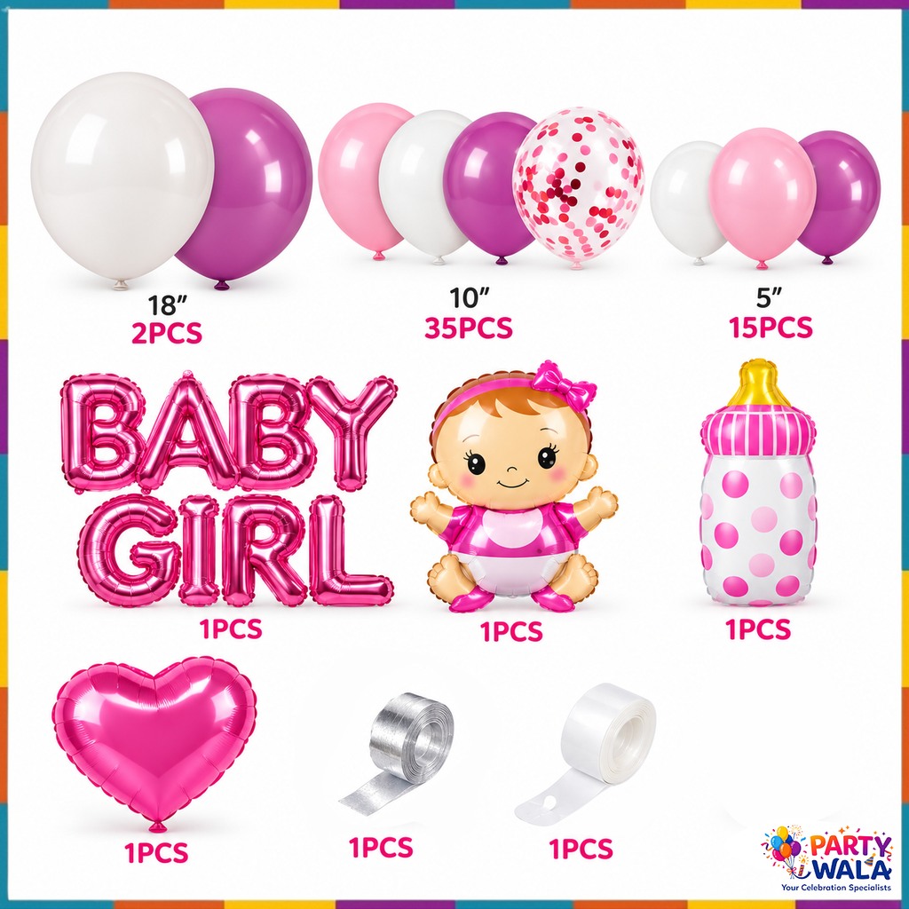 Baby Girl Balloon Decoration Kit YW-07904 package contents - latex balloons, BABY GIRL foil letters, heart, feeder bottle and baby foil balloons