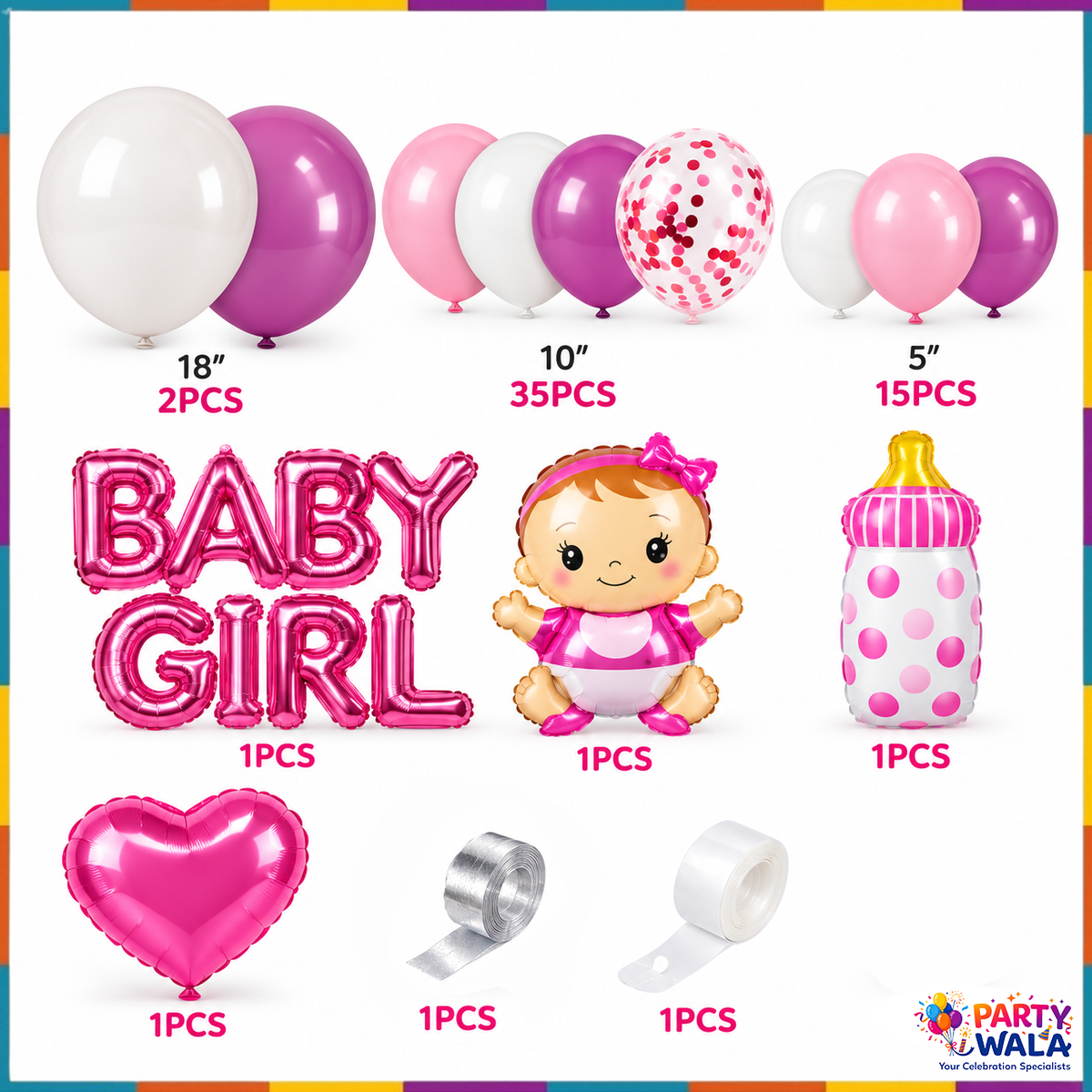 Baby Girl Balloon Decoration Kit YW-07904 package contents - latex balloons, BABY GIRL foil letters, heart, feeder bottle and baby foil balloons