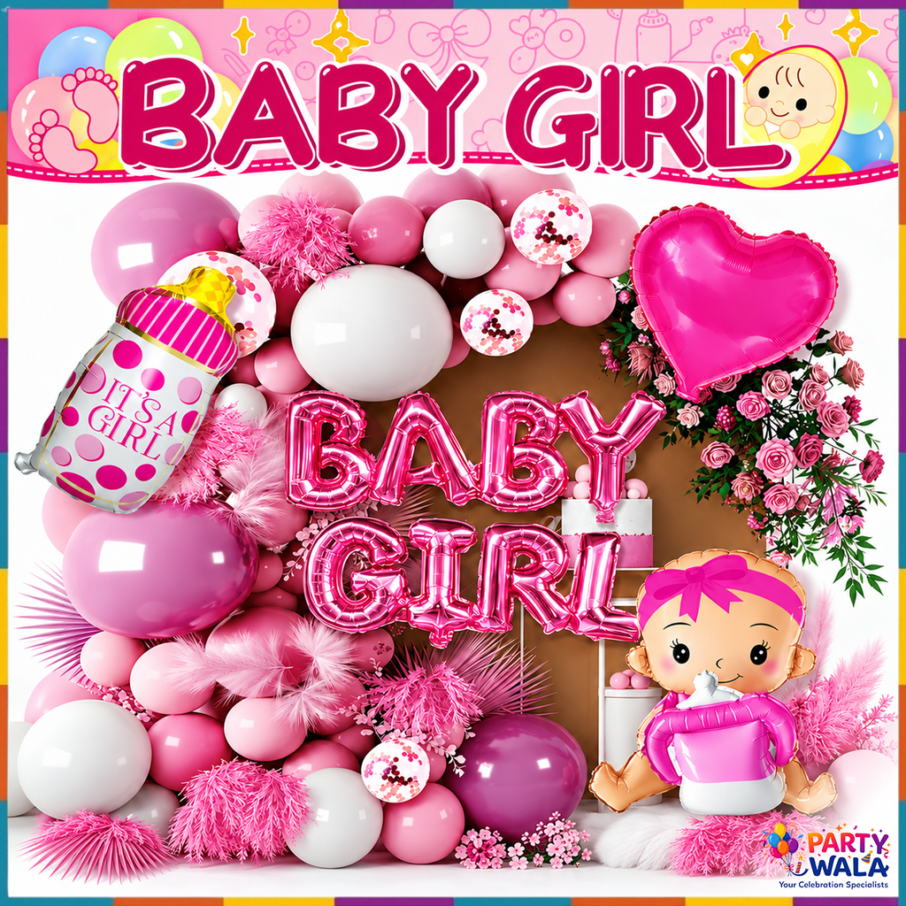Baby Girl Balloon Decoration Kit YW-07904 pink heart and feeder bottle baby shower balloon arch setup - Party Wala