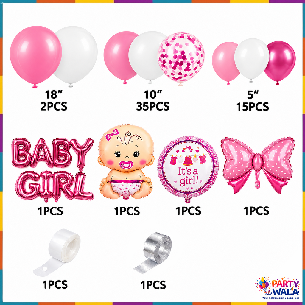 Baby Girl Balloon Decoration Kit YW-07905 contents with pink white confetti and foil balloons