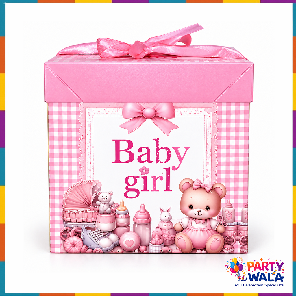 Baby Girl Pink Gift Box closed front with teddy bear print and pink ribbon