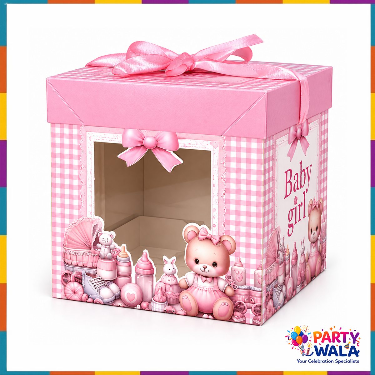 Baby Girl Pink Gift Box angled view with display window and baby girl printed design