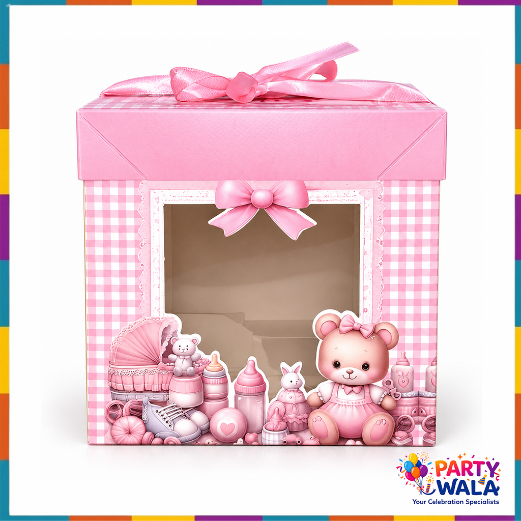 Baby Girl Pink Gift Box with clear front window, teddy bear print and ribbon