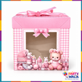 Baby Girl Pink Gift Box with clear front window, teddy bear print and ribbon
