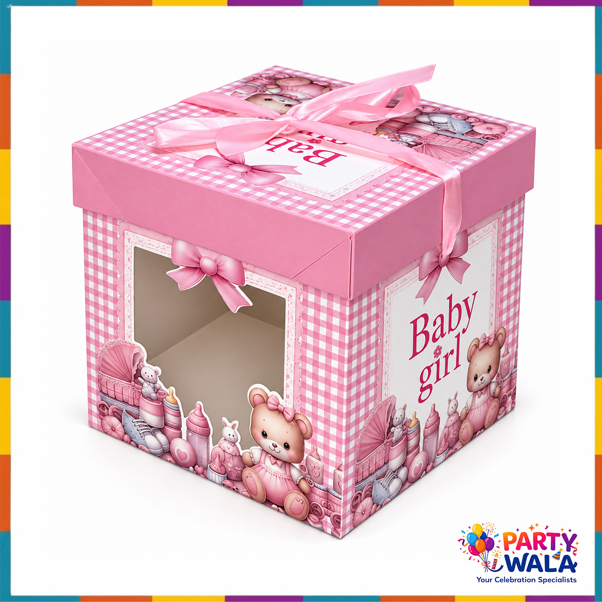 Baby Girl Pink Gift Box top angle with clear window and ribbon closure