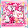 Baby Girl pink white silver balloon decoration kit YW-07907 with floral backdrop and pink Baby Girl foil balloons