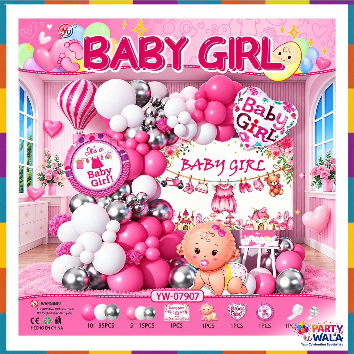 Baby Girl pink white silver balloon decoration kit YW-07907 with floral backdrop and pink Baby Girl foil balloons
