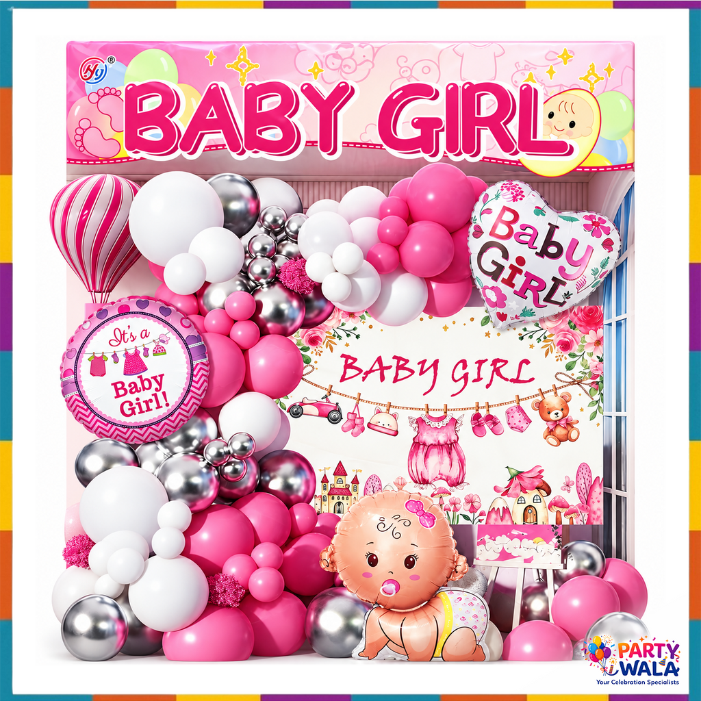 56-piece Baby Girl pink white silver baby shower decoration setup with Baby Girl printed backdrop and foil balloons