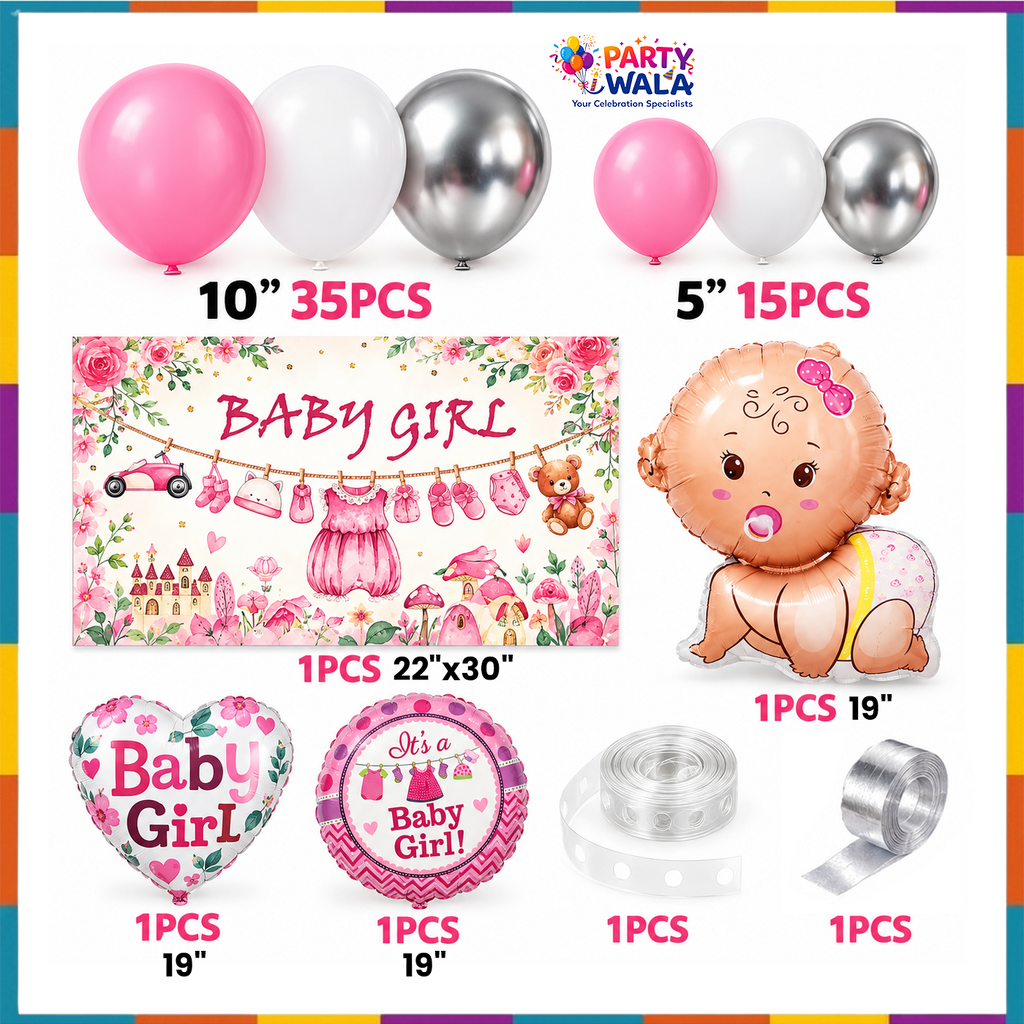 Baby Girl YW-07907 56-piece contents 35 ten-inch balloons 15 five-inch balloons floral 22 by 30 inch backdrop 3 foil balloons two decorating rolls