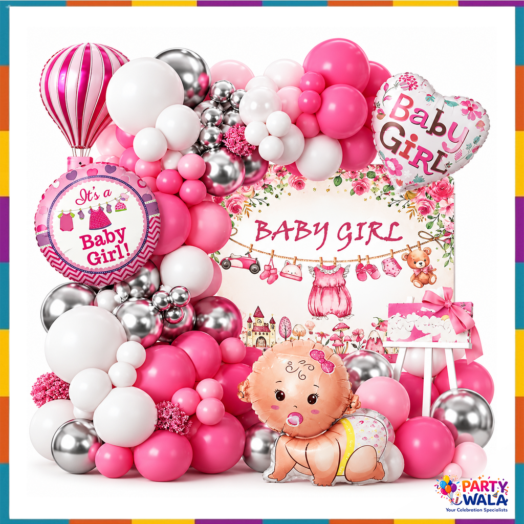 Baby Girl balloon garland pink silver white with floral heart foil and baby character balloon closeup