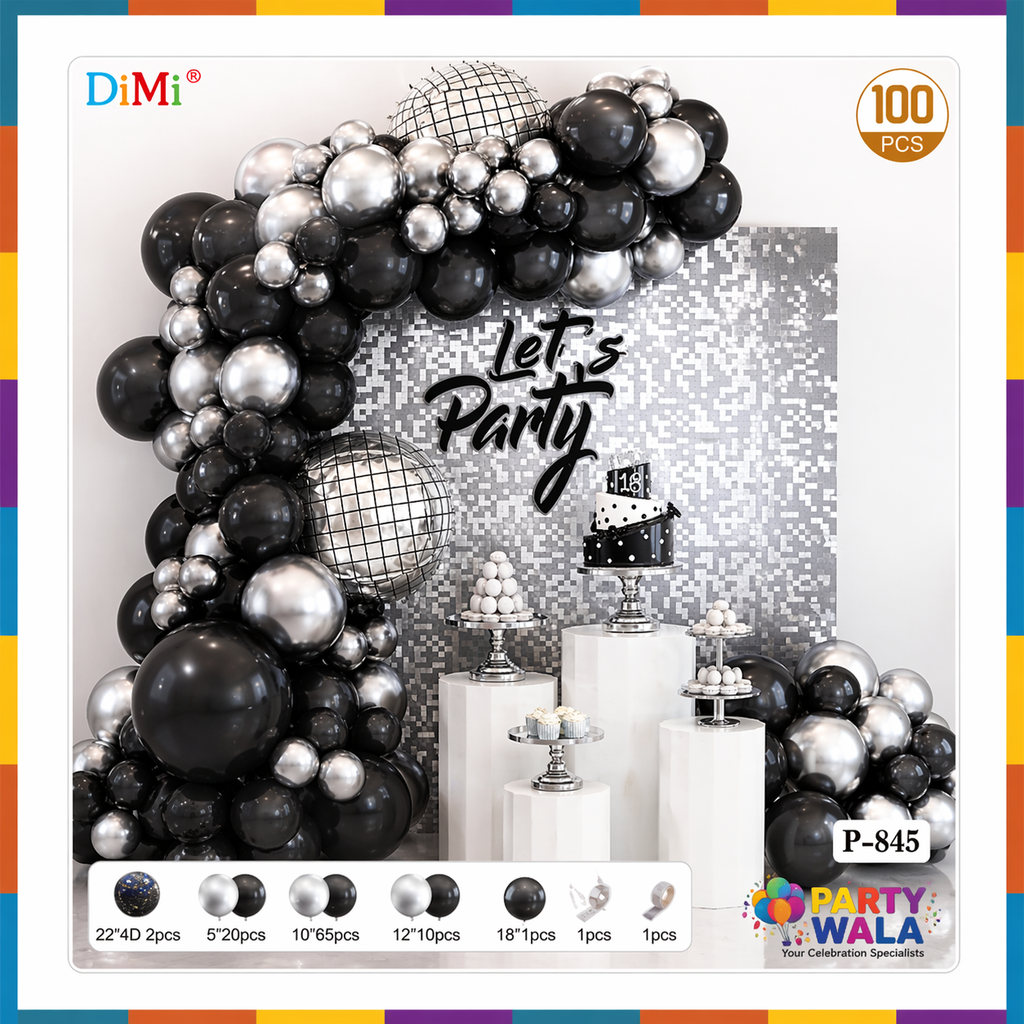 100-PCS Disco Night Silver & Black Balloon Arch Kit For Birthday, Anniversary And Party Celebration P-845