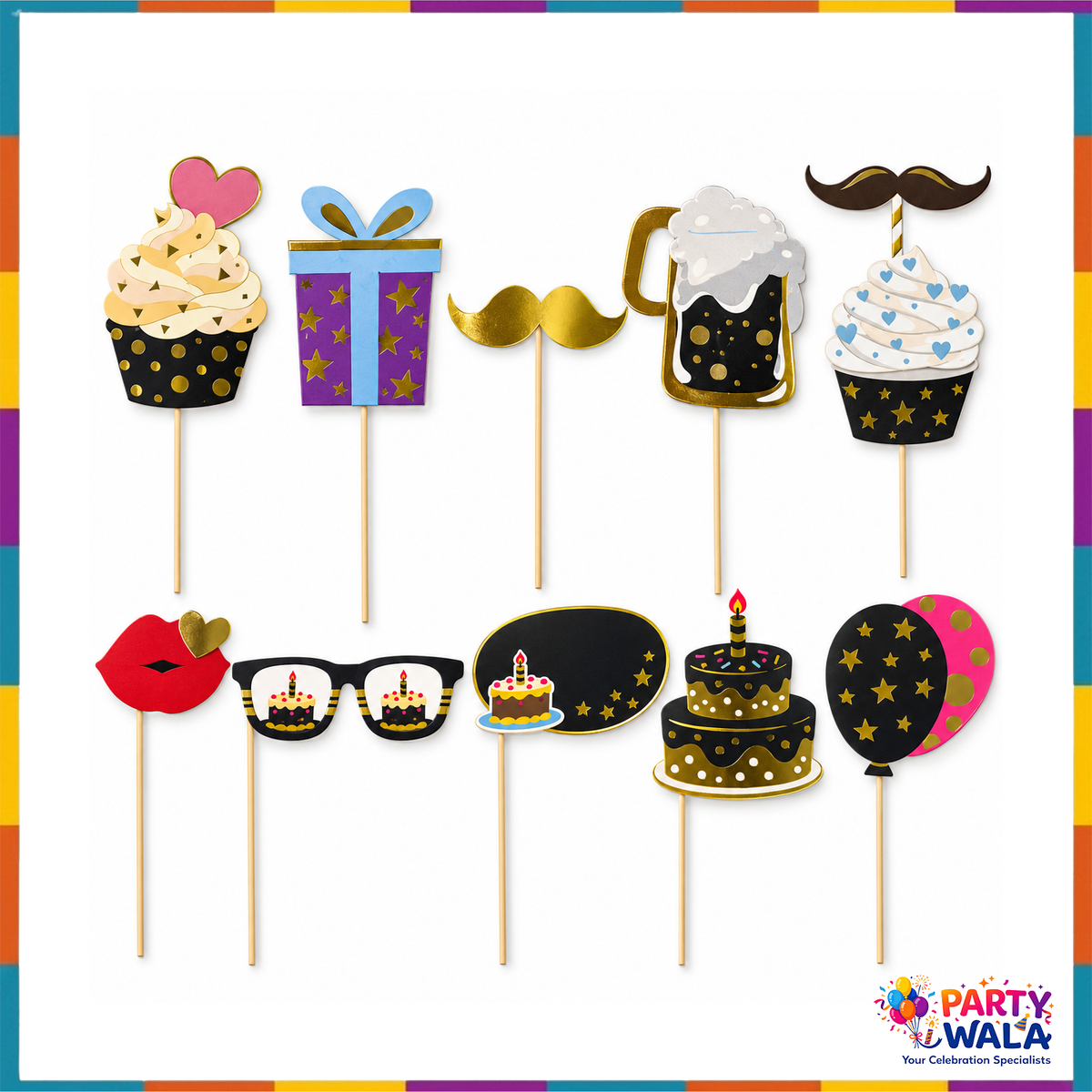 Ten birthday photo booth props with cake, gift, moustache, glasses and balloon designs