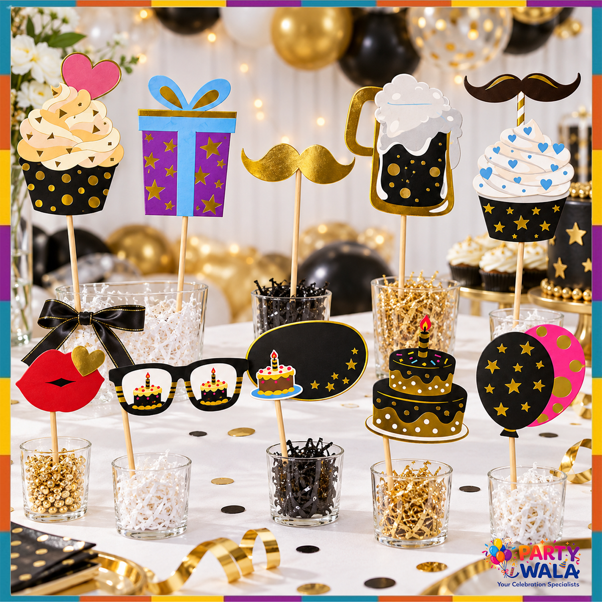 Birthday photo booth props arranged on a black and gold party table