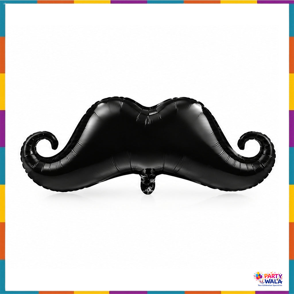 Black handlebar moustache shaped foil balloon with curled ends for birthday and photo booth decorations