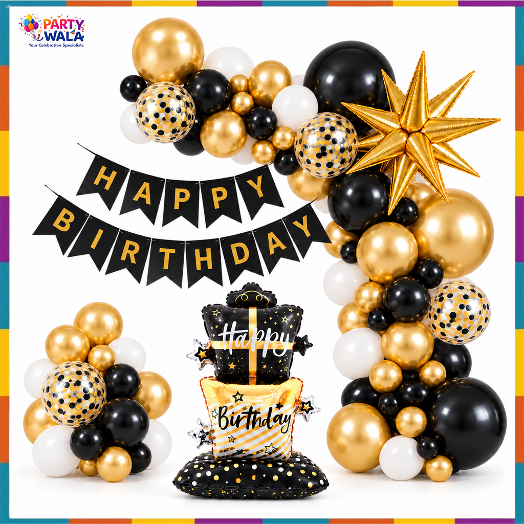 Black gold and white birthday balloon garland with banner, cake foil and gold starburst