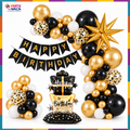 Black gold and white birthday balloon garland with banner, cake foil and gold starburst