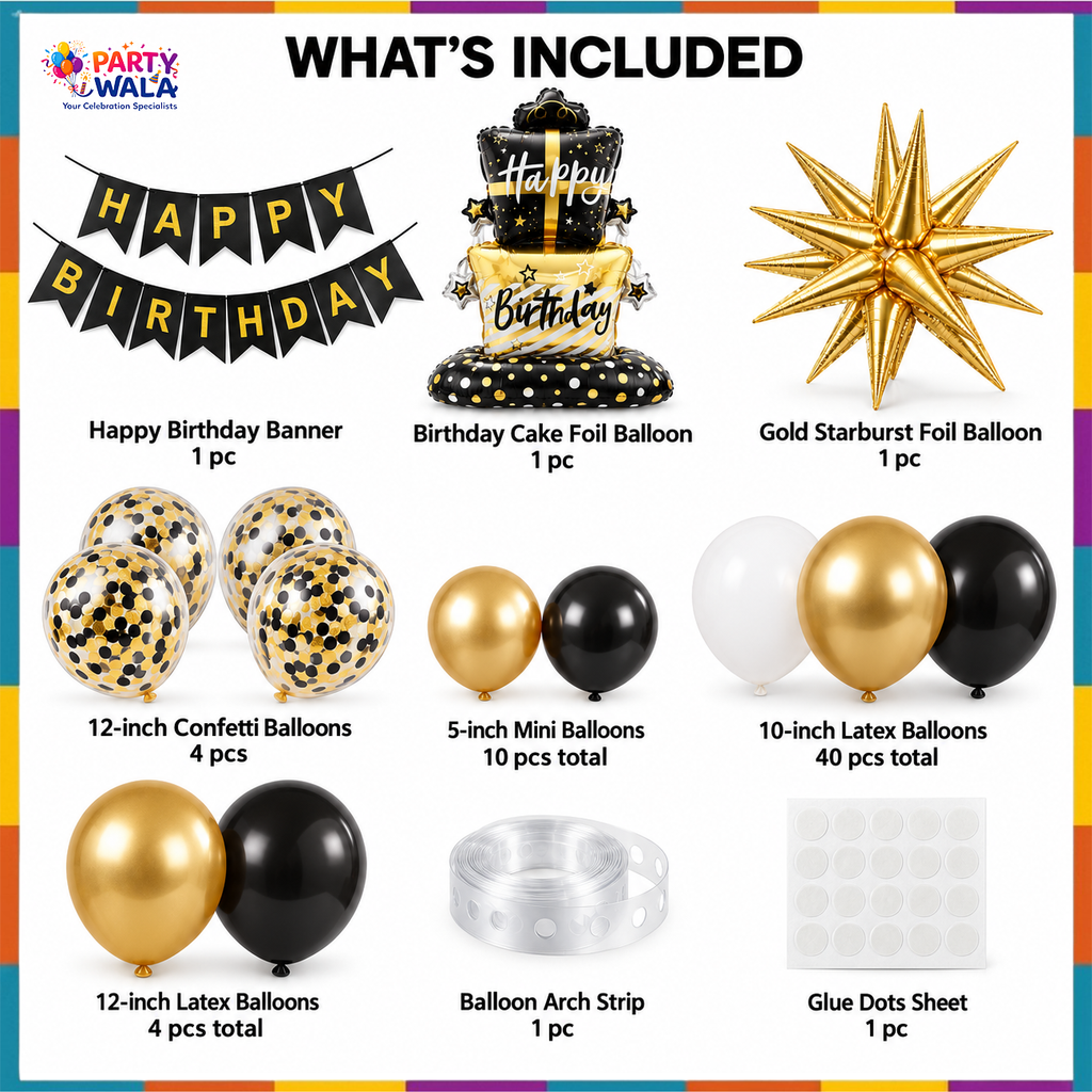 Black and gold birthday kit contents with balloon quantities and accessories