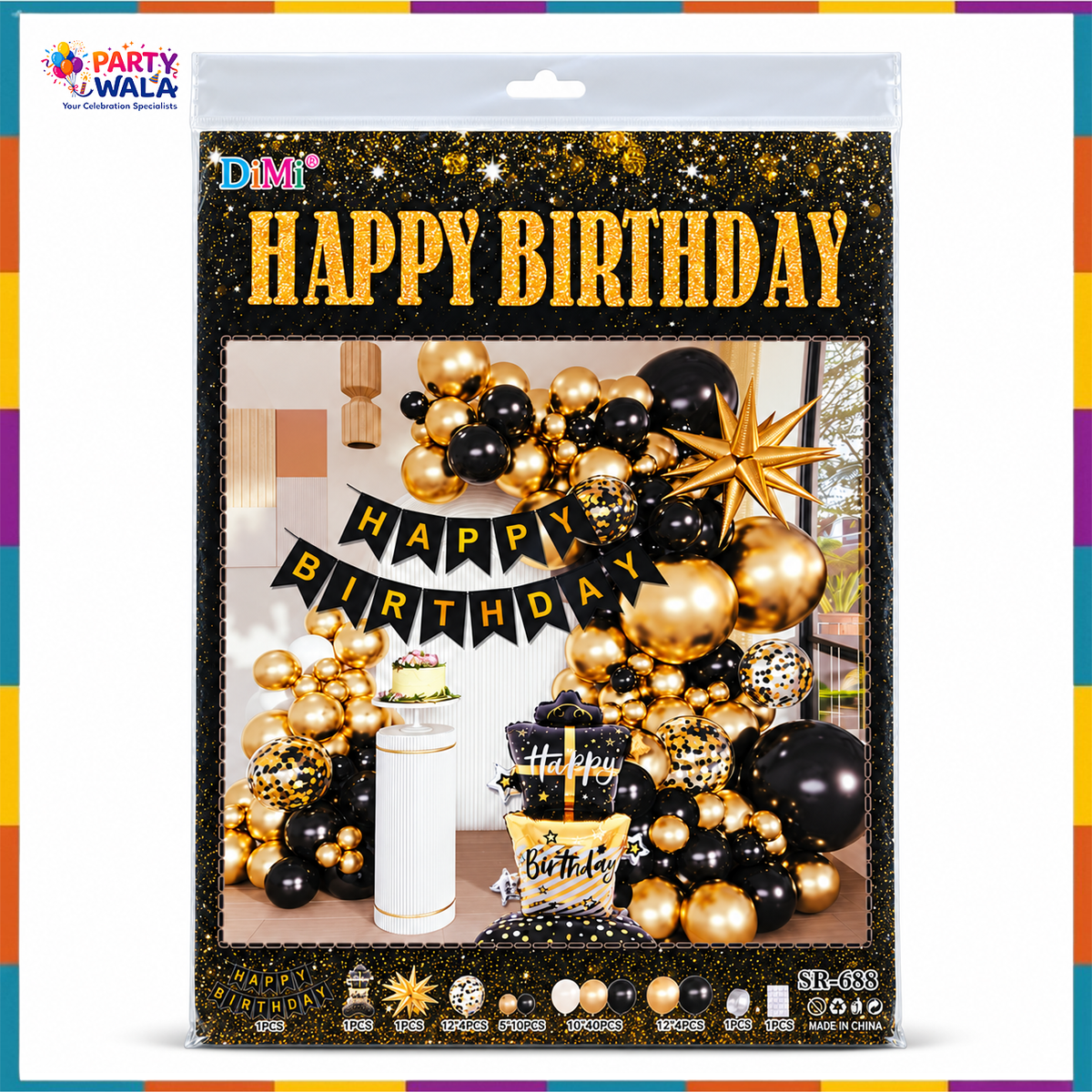 Packaged black and gold birthday balloon kit