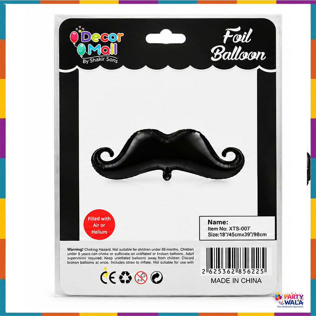 Decor Mall black moustache foil balloon retail packaging item XTS-007 and size marking