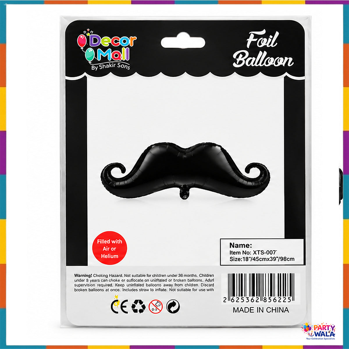 Decor Mall black moustache foil balloon retail packaging item XTS-007 and size marking