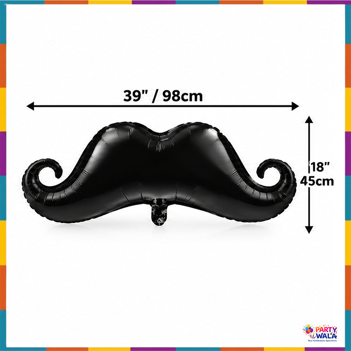 Large black moustache foil balloon dimension guide showing 39 inches wide and 18 inches tall