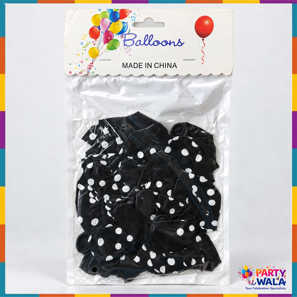 Sealed pack of uninflated black balloons with white polka dots