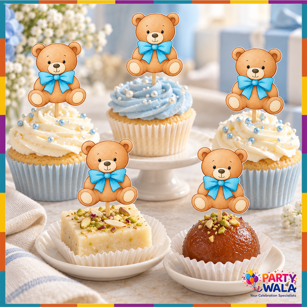 Blue bow teddy bear dessert picks on cupcakes and mithai for baby boy party