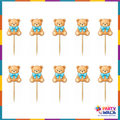 Pack of 10 teddy bear cupcake and mithai toppers blue bow 1.5 x 1.5 inches