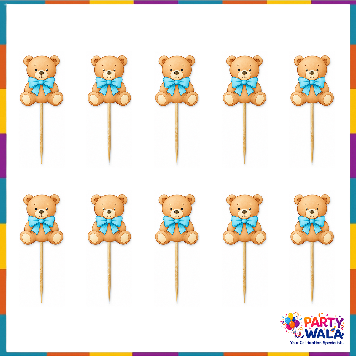 Pack of 10 teddy bear cupcake and mithai toppers blue bow 1.5 x 1.5 inches