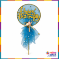 Blue net circle cake topper with gold Happy Birthday lettering, stars and flower bow