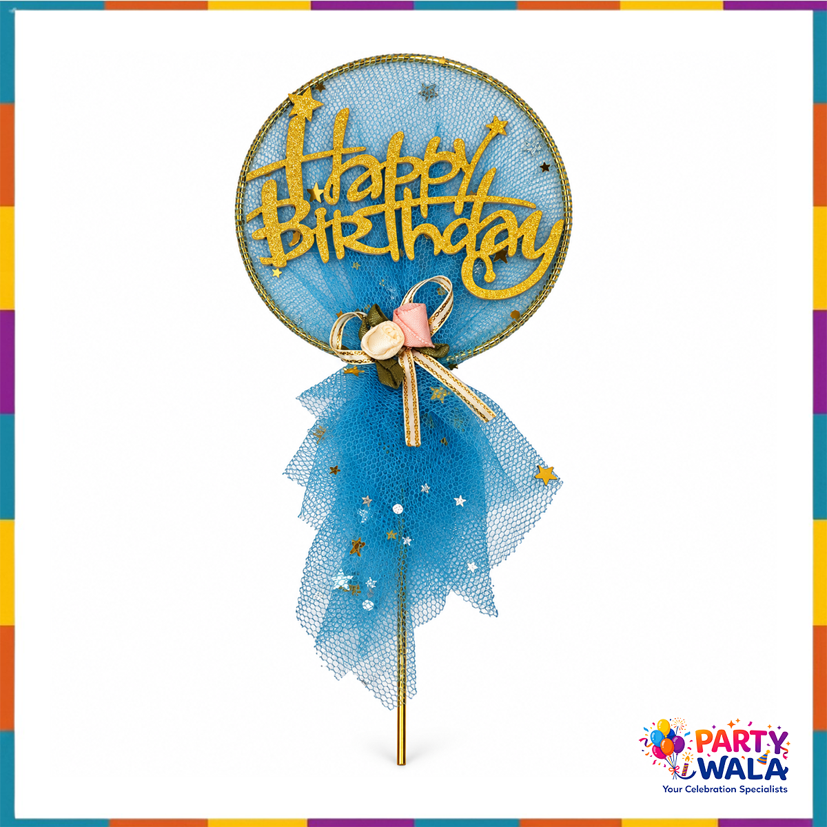 Blue net circle cake topper with gold Happy Birthday lettering, stars and flower bow