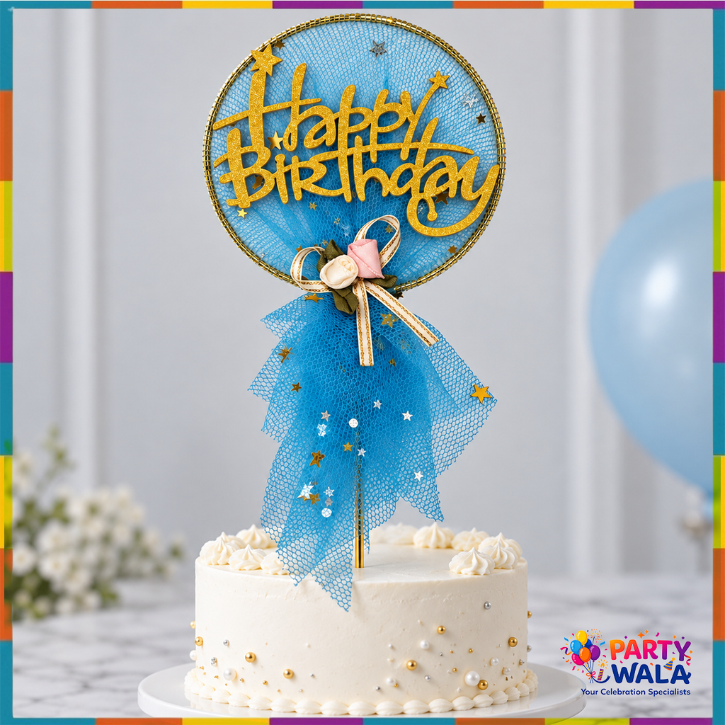Blue and gold Happy Birthday topper displayed on a white birthday cake