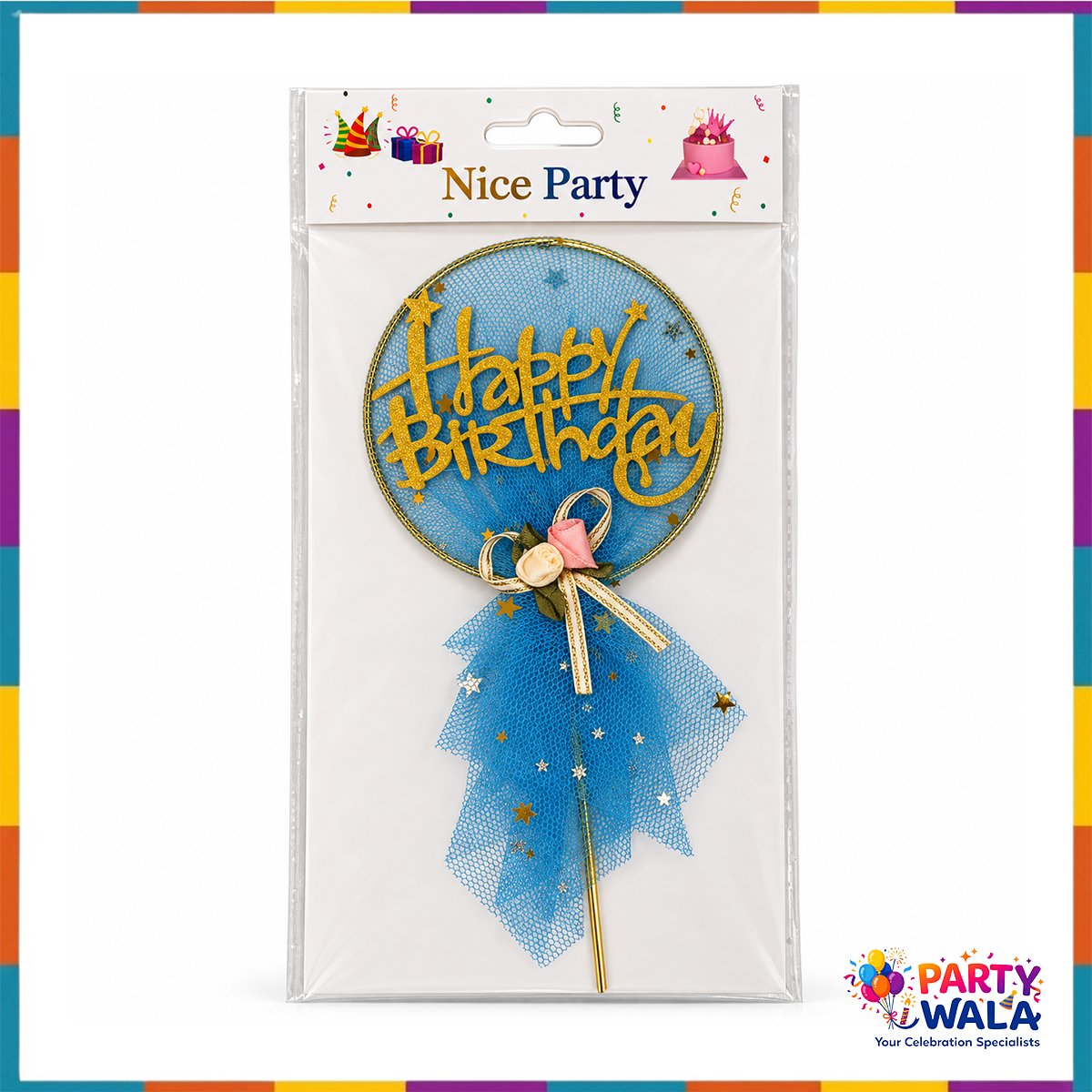 Nice Party packaged blue net and gold Happy Birthday cake topper