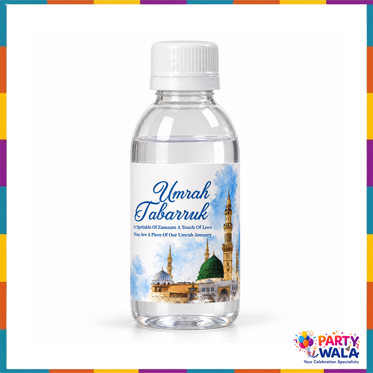 Zamzam-style bottle with blue Masjid an-Nabawi watercolour label