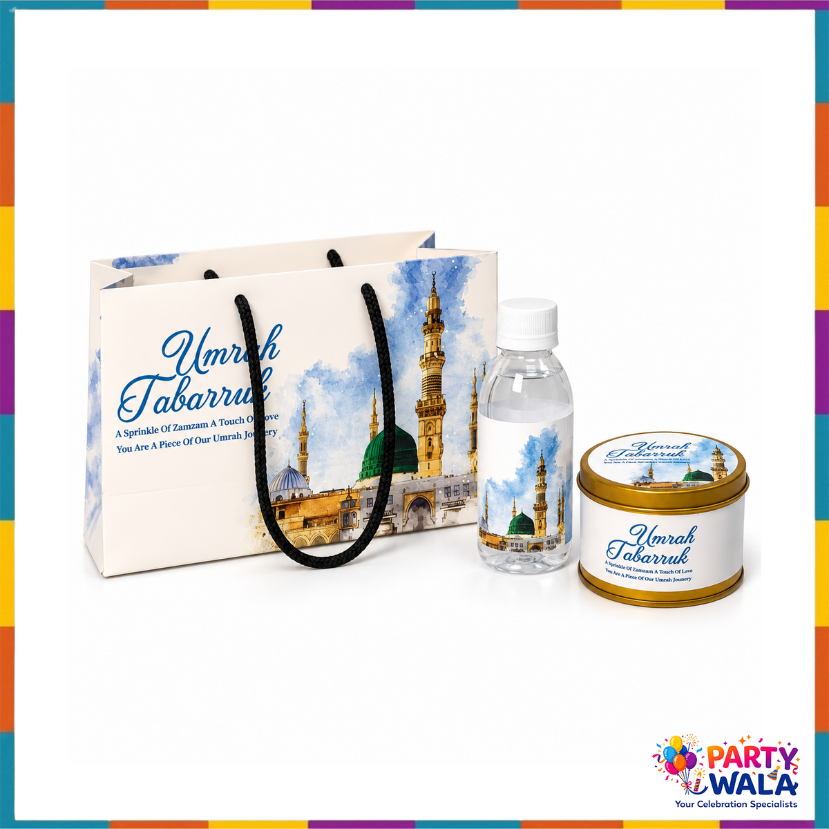 Blue Madina watercolour Umrah gift set with printed bag, bottle and tin