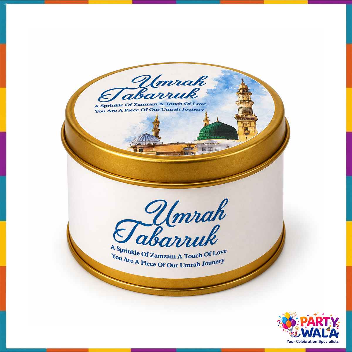 Round 125g tabarruk tin with blue Madina print and gold rim