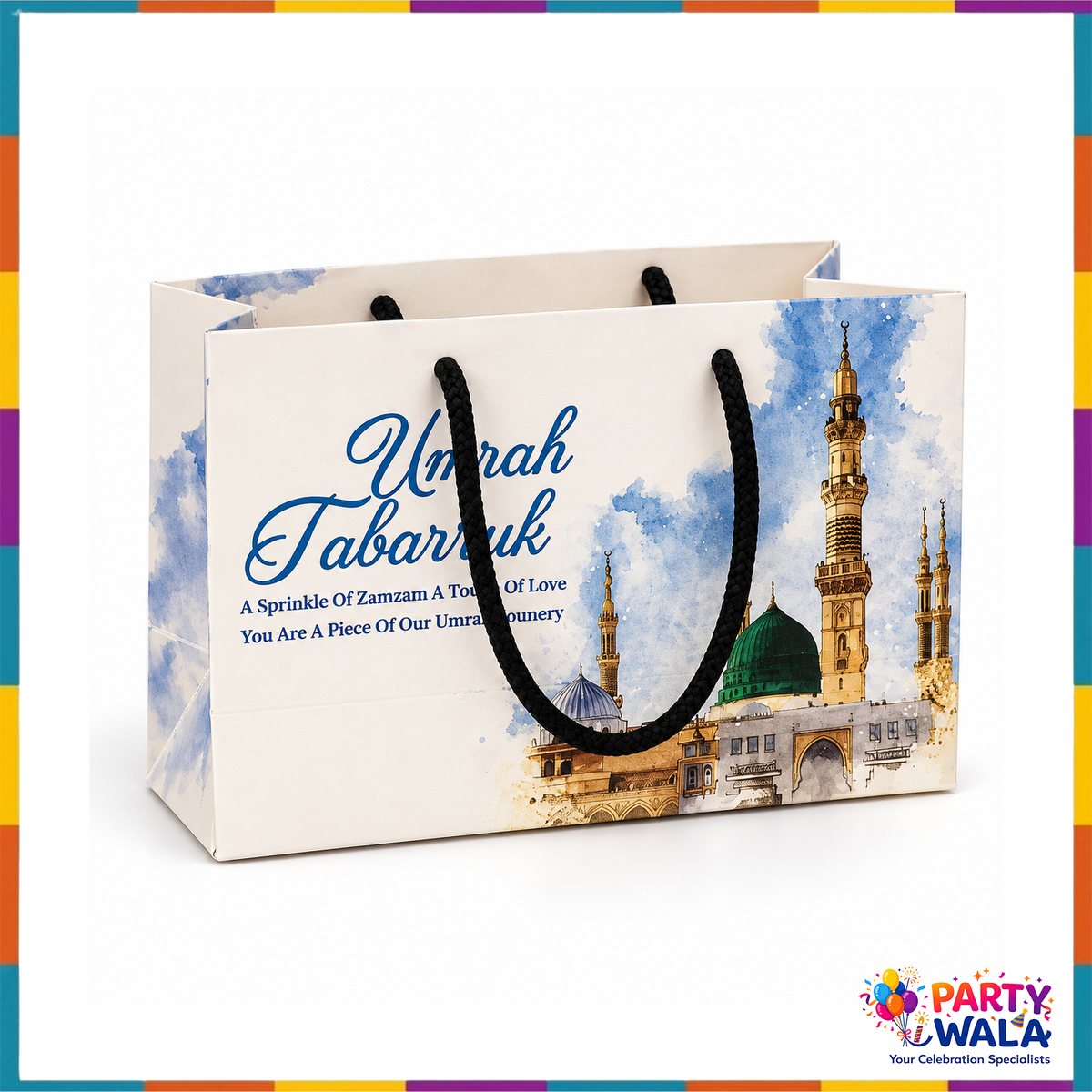 Blue watercolour Madina mosque Umrah Tabarruk paper gift bag with black rope handles