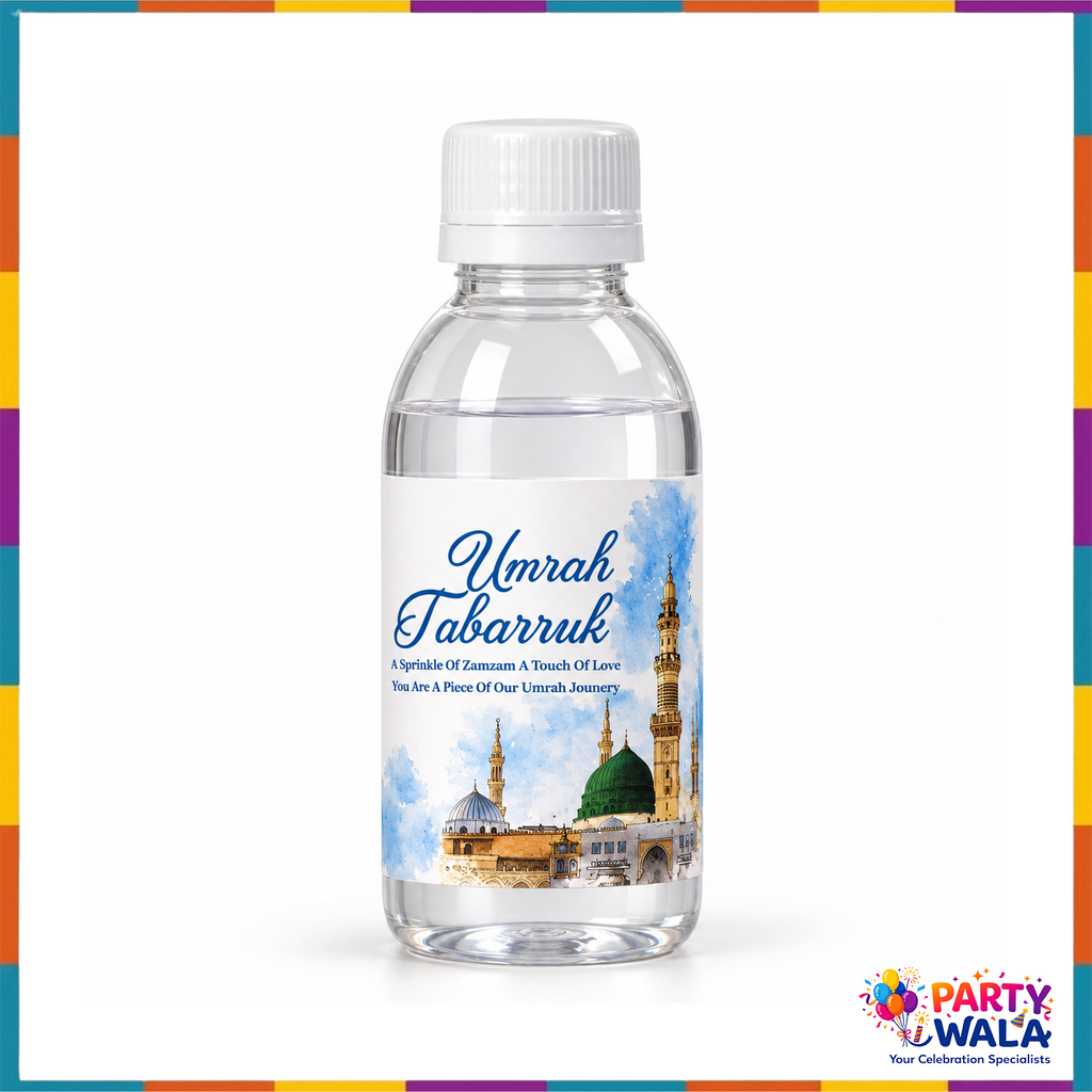 Blue Umrah Tabarruk Zamzam-style bottle with Madina green dome and mosque label
