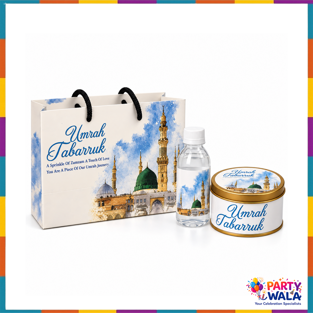 Blue watercolour Madina Umrah Tabarruk complete gift packaging set with bag, bottle and 250g tin