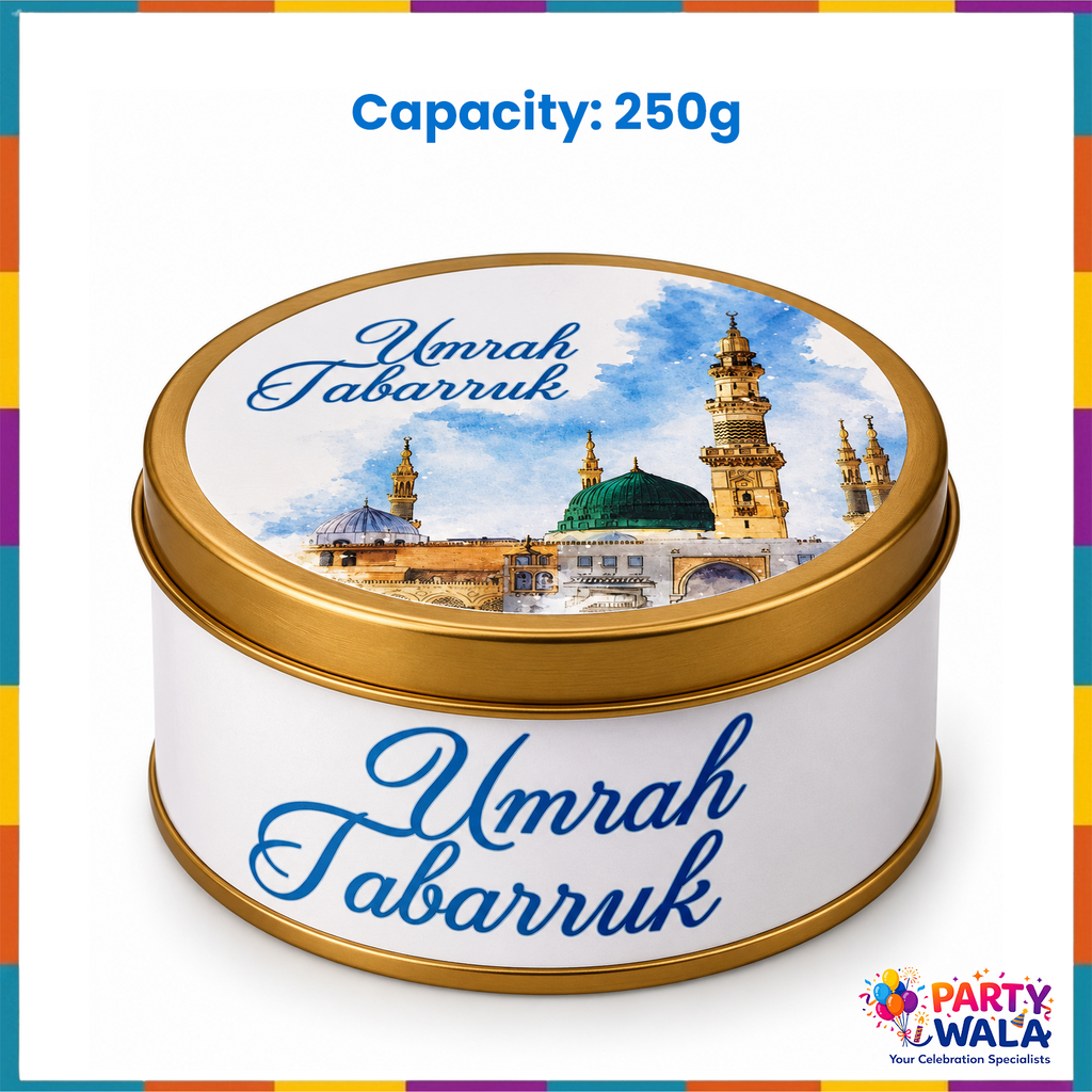 250g Umrah Tabarruk gold rim tin box with blue calligraphy and Madina green dome artwork