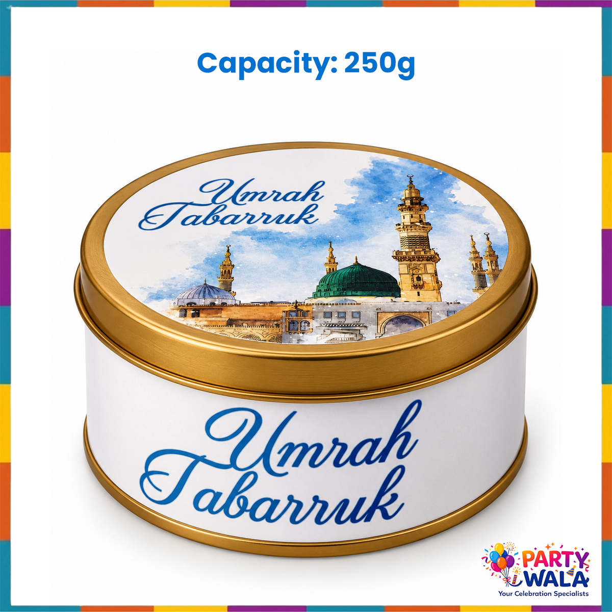 250g Umrah Tabarruk gold rim tin box with blue calligraphy and Madina green dome artwork