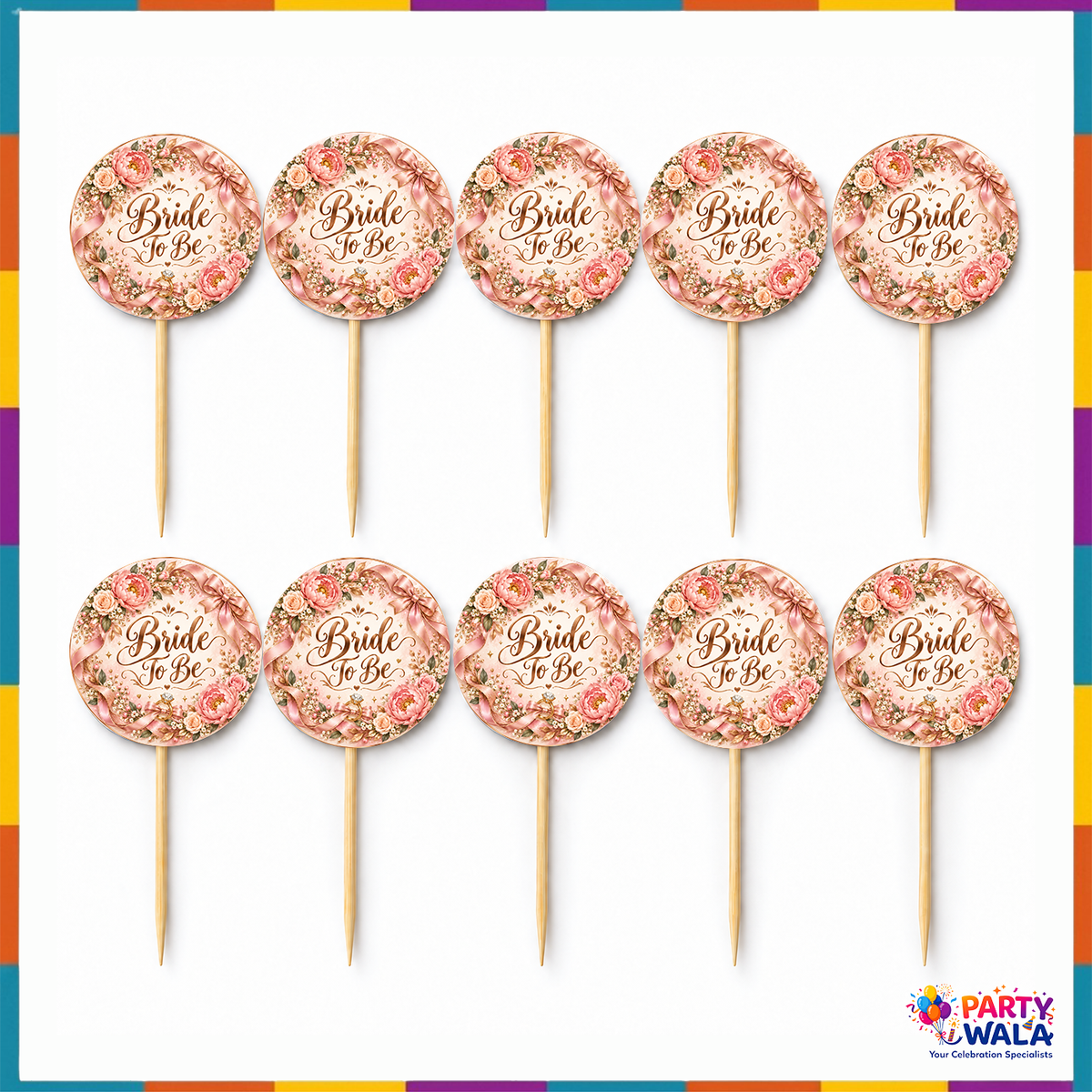 Pack of ten pink floral Bride to Be mithai toppers with picks
